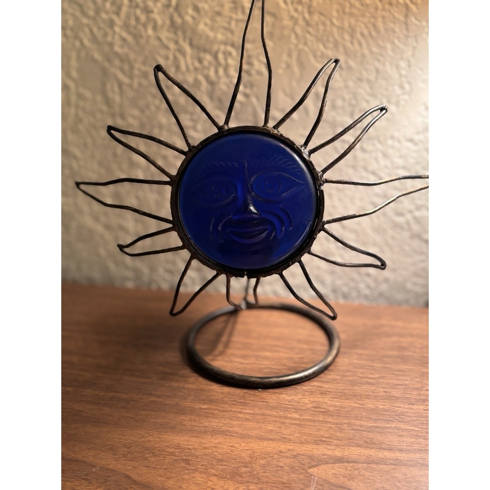 Vintage Blue Cobalt Glass Wrought Iron Candle Holder Celestial Moon Star Sun